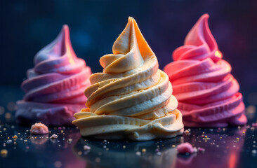 Whipped swirl dessert. Icy meringue colors. Sugar fantasy.