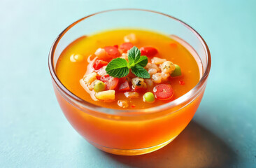 Vegetable soup bowl. Tomato broth with herbs. Light soup.