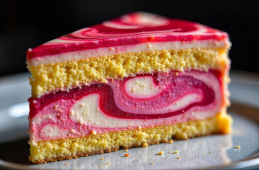 Swirled sponge cake. Berry mousse dessert. Artistic pastry.