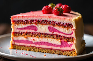 Pink mousse cake. Layered berry dessert. Creamy raspberry cake.