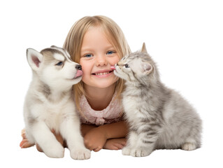 Kid cuddling fluffy puppy and kitten transparent background