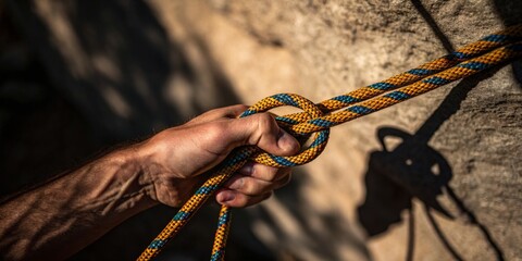 Mastering climbing knots while preparing for an exciting ascent on a rocky wall during golden hour Generative AI