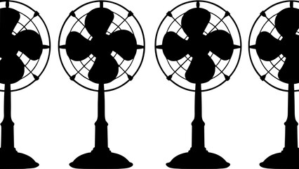 "Four identical black silhouette oscillating fans in a row, evenly spaced against a pale gray-blue background. Each fan has a circular cage and tripod base, rendered in a flat, graphic style with no i