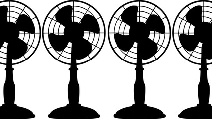 "Four identical black silhouette oscillating fans in a row, evenly spaced against a pale gray-blue background. Each fan has a circular cage and tripod base, rendered in a flat, graphic style with no i