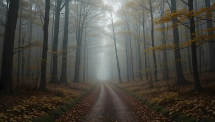 Obraz premium Foggy forest trail in autumn, fallen leaves