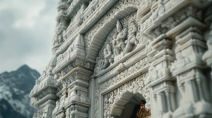 A close-up of intricately carved details on the entrance of the Mata Vaishno Devi temple with glowing accents