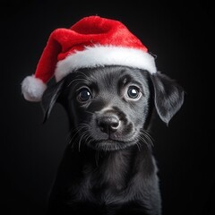 Cute black puppy wearing Santa hat for Christmas on black background.  Adorable black dog with red Santa hat on dark background, Christmas portrait