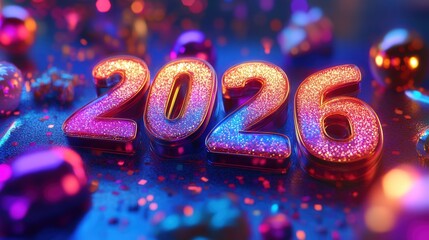 Sparkling 2026 numbers on colorful background for New Year celebration.  Festive glittery digits 2026 with lights and decorations, perfect for New Year greeting