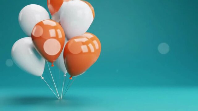 Colorful dancing around balloons on pastel blue blurred bokeh background