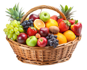 A woven basket overflowing with a colorful assortment of fresh, ripe fruits, isolated on transparent background