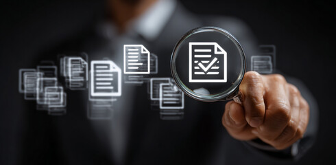 Black texture reveals document icons under magnifying glass. Use for business, audits, compliance, investigation, or product branding.