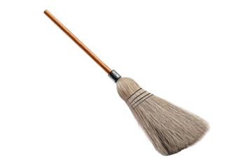A light beige-gray broom with a reddish-brown handle