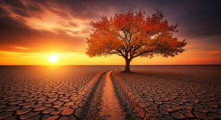 Sunset over cracked earth, lone tree