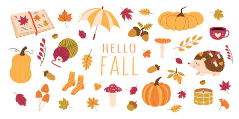 Autumn clipart set. Cute fall illustration with hedgehog, pumpkins, mushrooms, umbrella, leaves, book, candle, socks and yarn. Flat vector design with cozy seasonal elements.