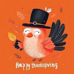 Smiling Thanksgiving bird with pilgrim hat and leaves on orange background.  Cute holiday illustration of smiling bird in a pilgrim hat, surrounded by leaves and text