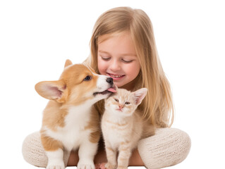 Kid cuddling fluffy puppy and kitten transparent background