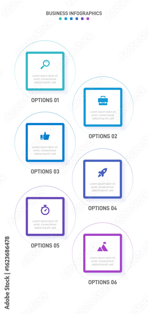 Poster vertical progress bar featuring 6 arrow-shaped elements, symbolizing the six stages of business stra
