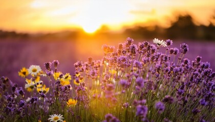 purple lavender and yellow daisy flowers in beautiful sunset glow