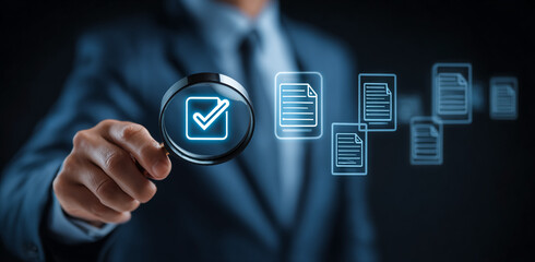 Blue, glowing checkmark icons shine under magnifying glass held by a person in a suit, suitable for business, audit, checklist, documents concepts.