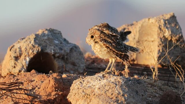 A burrowing owl (Athene Cunicularia) preening itself in a gentle breeze at sunset