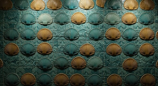 Teal and gold scallop shell patterned wall tiles