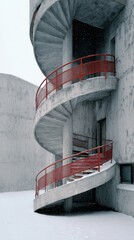 Abstract Spiral Concrete Staircase with Red Railing in Winter