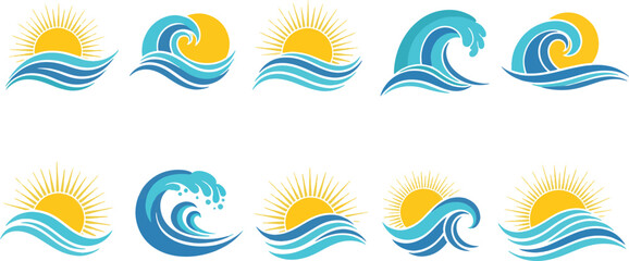Silhouette vector set of colorful sun and wave icons isolated on white background © msmdesign