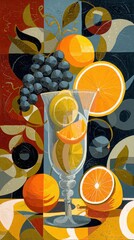 Abstract Still Life with Citrus Fruits and Grapes in a Glass Vase