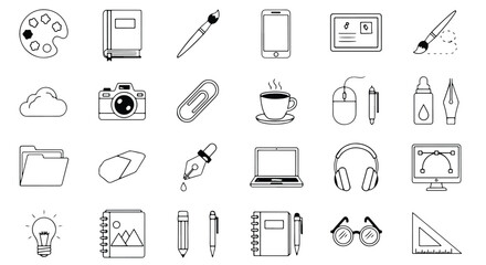 Fototapeta premium Line icon set collection of office and workrelated icons including a paperclip, coffee cup, pen, and laptop isolated on white background