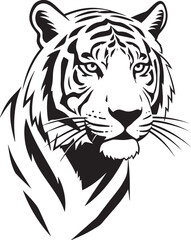 Silhouette vector stylized black and white illustration of a tigers head, isolated on white background