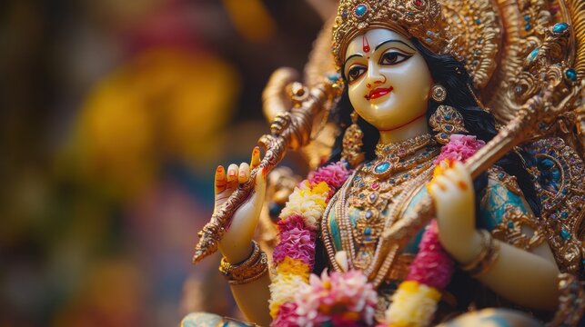 A close-up of Saraswati Mata's intricate details in vibrant colors in a cozy setting