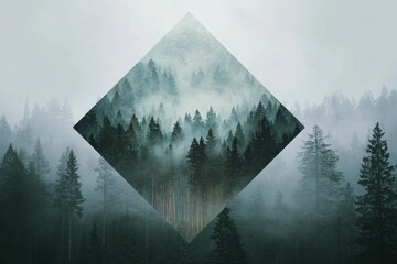 Abstract Surreal Forest Scene in Diamond Shape with White Mist