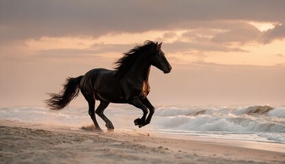 Majestic Black Horse Galloping on Sandy Beach with Crashing Waves and Ocean Sunset