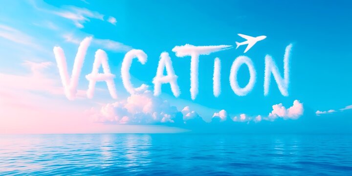 Inscription &ldquo;Vacation&rdquo; and an airplane in tropical skies over calm ocean waters