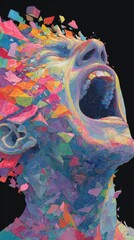 Abstract Surreal Portrait of a Screaming Man with Exploding Head and Multicolored Fragments