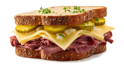 alt Beef or Pastrami With Gherkins and cheese sandwich isolated on a white background