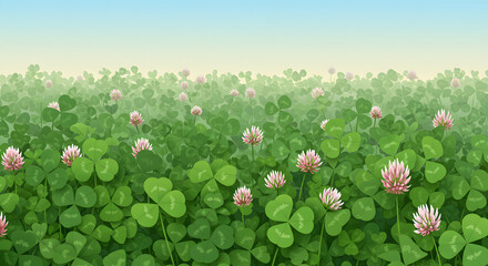 Field of clover with pink flowers under blue sky at sunrise  
