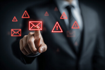 Dark business shows mail icon being tapped amid alerts. Emphasizes risk, security, digital threats, cybersecurity for presentations, and IT industry visuals.