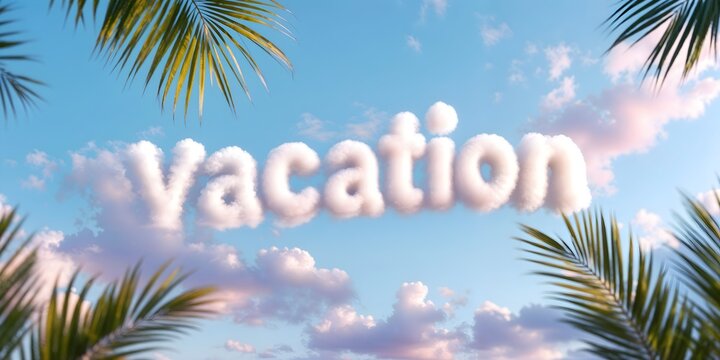 A bright blue sky with "VACATION" spelled out in fluffy white clouds, suggesting a tropical getaway, framed by palm fronds