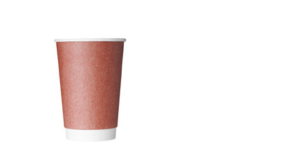 cardboard glass of brown color, for coffee or tea on an isolated white background close up