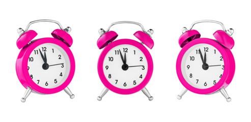 classic watch, pointer clock, Pink color alarm watch on isolated white background close up