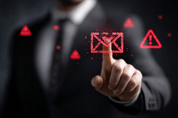 Red alert email: Man touches distressed mail icon. Modern, digital illustration for technology, security, or business designs.