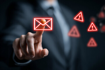 Red, glowing mail icon appears as hand touches screen. Warnings float in the background for presentations, security mockups or email branding.