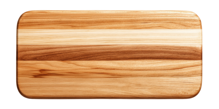 Rectangular wooden cutting board.  Natural light tan wood grain with horizontal lines.  Rounded edges