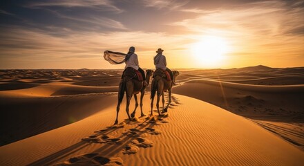 Two travelers on camels in a desert at sunset