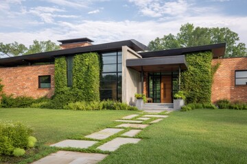Modern home design with natural elements in a serene landscape showcasing lush greenery and a welcoming entrance path on a bright day