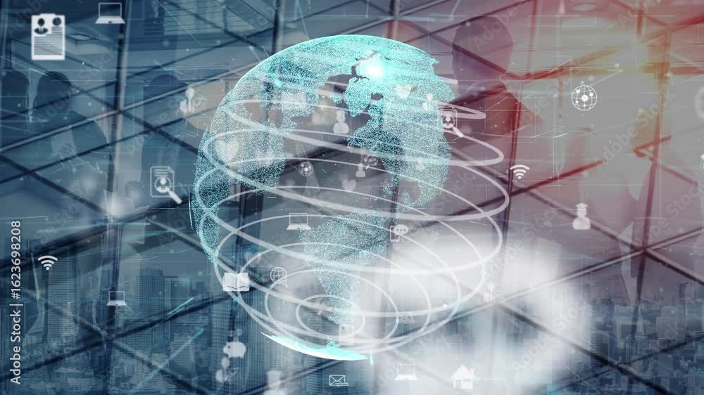 Poster abstract representation of a digital globe with overlaid icons, illustrating the concept of connecti