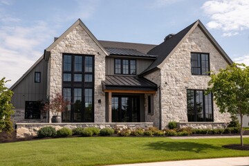 A contemporary stone house featuring expansive windows sits gracefully in a well-kept suburban neighborhood, basking in the warmth of a sunny afternoon