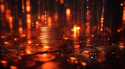 Dazzling gold coins stacked high amidst shimmering digital lights, symbolizing wealth and financial success.
