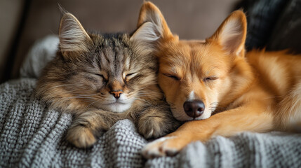 Adorable cat and dog friends peacefully sleeping together on cozy blanket, capturing pure comfort